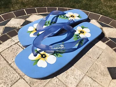 Vintage Laguna Brand Flip Flop Sandals PaintEd Insole Size M 7-8 Blue Floral • $18.80