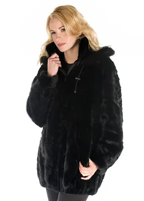 Zippered Hooded Real Mink Fur Coat Jacket With Hood Black Parka Sculptured Mink • $1995