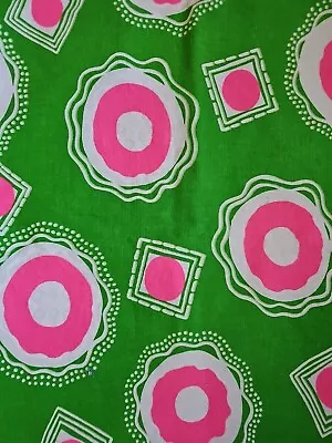 2 Vtg Vibrant Hot Pink Bright Green Whites Geometric Heavy Cotton Fabric Peices • $7.50