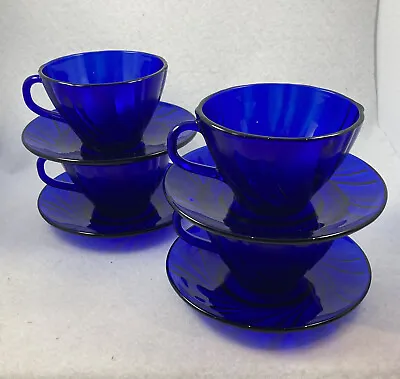 Duralex Vereco Rivage Cobalt Blue Glass Cups&Saucers 2.4in Discontinued Set Of 4 • $27