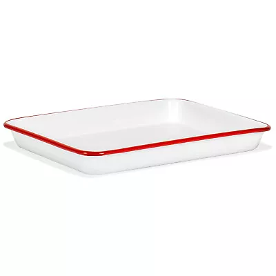 11  X 9  Enamelware Metal 2 Quart Rectangular Serving Tray Solid White/Red Rim • $19.95