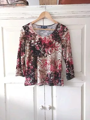 Saloos Ladies UK 12 Red Pink Black Floral Tunic Top 3/4 Sleeves Scoop Neck Prelo • £6