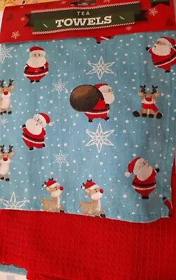 2 X Christmas Tea Towels Blue With Santa And Reindeer Design Plus Plain Red NEW • £2.99