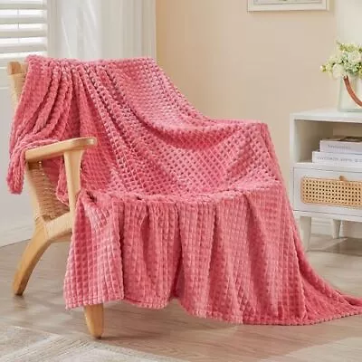  Fleece Blanket Luxury Flannel For Couch Bed Sofa Chair Throw Grid-coral Red • $22.52