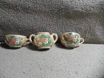 Vintage Lusterware Child's Porcelain Sugar Bowl & 2 Tea Cups W/ Floral Design • $9.99