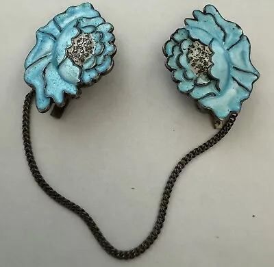 RARE Vintage Margot De Taxco Sterling Blue Enamel  Flower Sweater Clips • $389.99