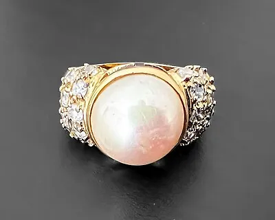 Ross Simons Big Vintage Mabe Pearl White CZ 18k Gold Plate Sterling Silver Ring • $66.50