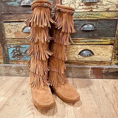 Minnetonka 1652 5-Layer Fringe Moccasin Boots Womens Size 6 Brown Suede Leather • £38.54