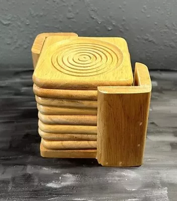 Vintage Wood Coasters 3.5 Inch With Caddy Swirl Pattern Oak Thailand  Set Of 8 • $15