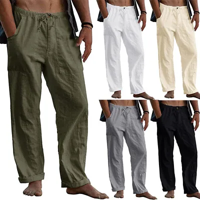 $5.03 • Buy Men's Summer Beach Loose Cotton Linen Pants Yoga Drawstring Elasticated Trouser*
