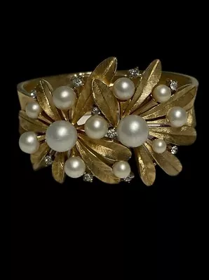 Vintage Crown Trifari Bracelet Brushed Gold Tone Pearl Rhinestone Floral Leaf • $200
