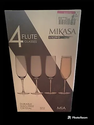 NIB MIKASA LIVING MIA 4 10fl Oz DURABLE LEAD-FREE CRYSTAL FLUTE GLASSES 9 1/2” • $23.99