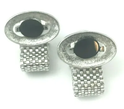 Silver Tone Mesh Cufflinks Black Stone • $24.48