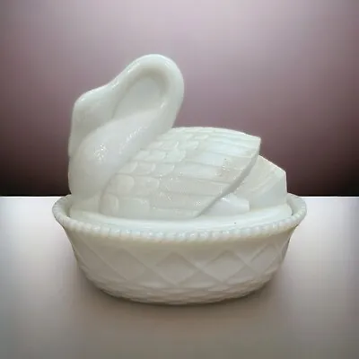 Vintage Glass Milk Glass Swan On Nest Covered Trinket Dish Jewelry Nesting 5  • $34.88