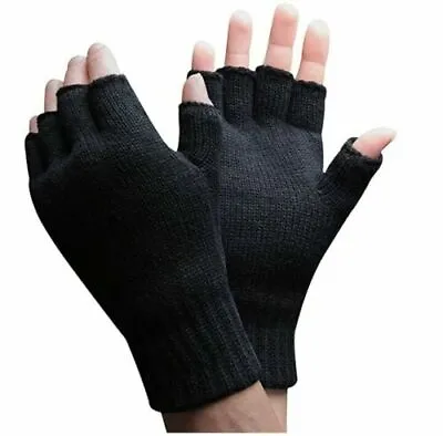 Fingerless Gloves Black  Mens Womens Woolly Unisex Half Finger Magic One Size  • £2.25