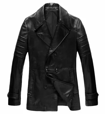 Men's Leather Trench Coat Real Lambskin Leather Coat #67 • $147.42
