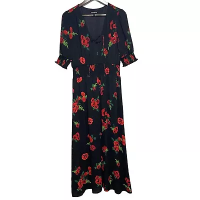 Express Dress Womens M Black Red Floral Maxi Short Sleeve Elastic Waist Romantic • $12.99
