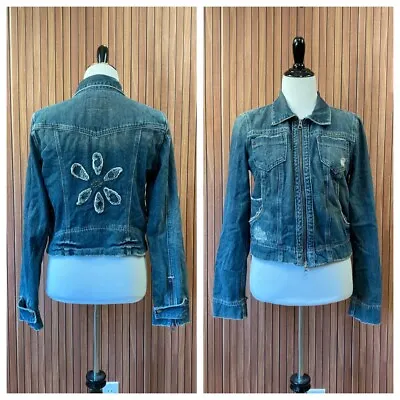 Calvin Klein Jeans Blue Denim Cropped Studded Distressed Moto Jacket Women’s L • $44.50