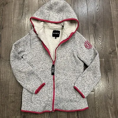 DKNY Girls Sherpa Lined Heather Gray Knit Zip Pink Piping Warm Hoodie L (14/16) • $16.99