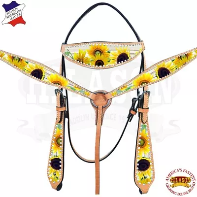 51BH Hilason Western Horse Headstall Breast Collar American Leather Sunflower • $109.99