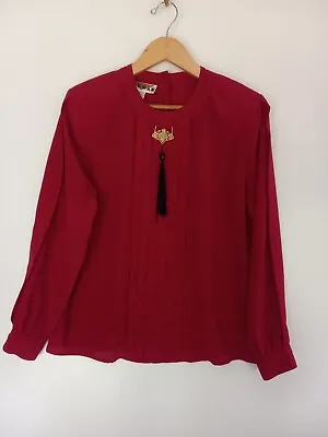 Vintage Jordan Secretary Blouse Top 12 Dark Pink Solid Long Sleeve Pleated • $8.49