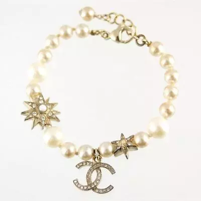 Chanel Pearl Beads Coco Mark Bracelet 15A Rhinestone Gold Plated Women Jewelry • $534.83