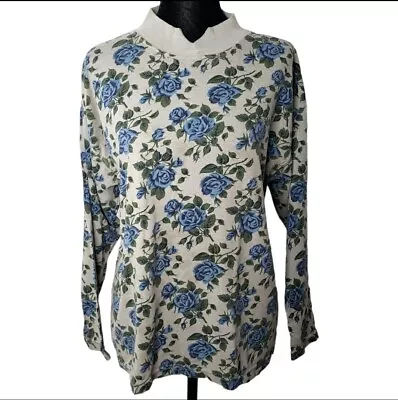 Pebble Court Sz Large T Shirt Gray Blue Roses Mock Neck Cottage Dark Floral VTG • $12.98