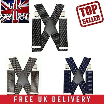 Mens Xxl 50mm Wide Heavy Duty X Shape Braces Elastic Suspenders Trouser Clips Uk • £7.39