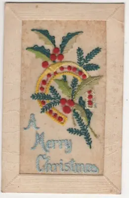 WW1 Embroidered Silk Postcard Merry Christmas Holly Horseshoe Vintage Military • £4.99