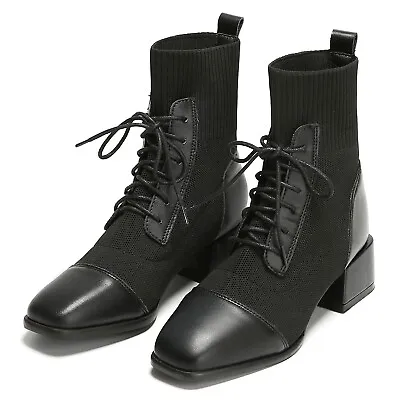 £29.99 • Buy Women's Boots UK 5 Black Faux Leather Knit Ankle Combat Block Heel Lace Up EU 38