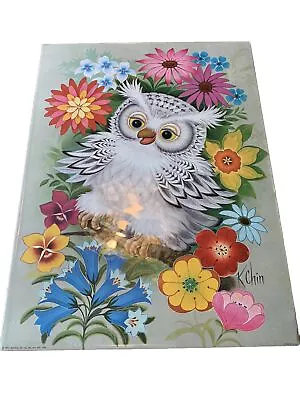 70s Vintage K Chin Litho In Plastic Art Print 9 X 12 9x12 Owl Bright Floral • $20