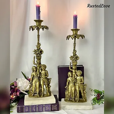 Antique Victorian Girandole Candlesticks Marble & Brass Family Figures - A Pair • $348