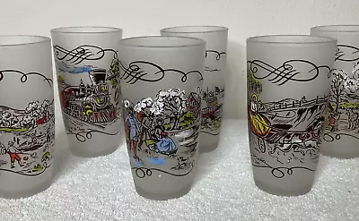 Vintage Currier & Ives Frosted Drinking Barware Glasses Tumblers Gay Fad Set 6 • $24