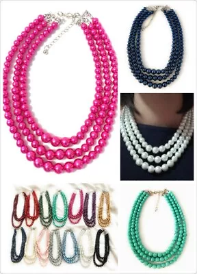 Womans Faux Pearl 3 Layer Multi Strand Gatsby Necklace Statement Bib Vintage UK • £6.99