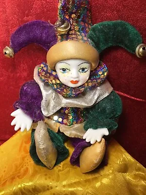 Vintage New Orleans Porcelain Face Hands Clown Jester Doll Purple Sequin Outfit • $18.75