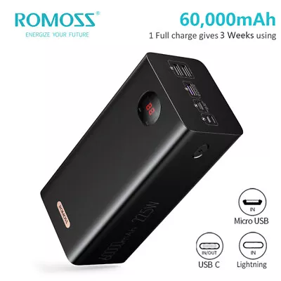 $105.99 • Buy ROMOSS 60000mAh Power Bank 22W Type-C 4USB PD QC3.0 Fast Charger Battery