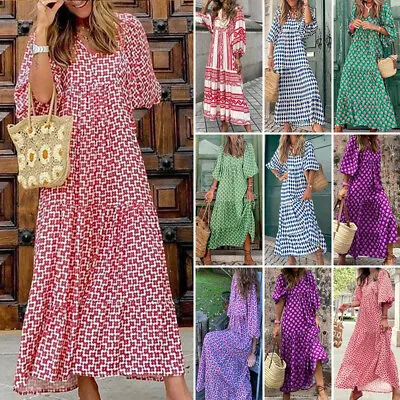$50.45 • Buy Womens 3/4 Sleeve BOHO Printed Maxi Dress Casual Party Beach Baggy Tunic Dresses