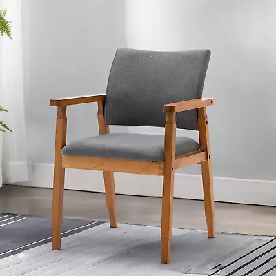 Mid Century Modern Walnut Dining Chairs Wood Arm Grey Fabric Kitchen Cafe Living • $108.99