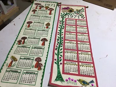 2 Vintage 1971 Cloth Calendars Mushrooms & Birds W/Sequins Wall Decor Towels • $9.95