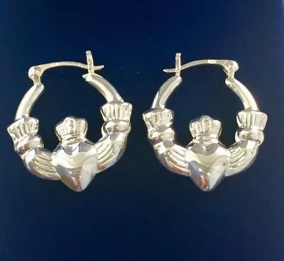 925 STERLING SILVER WOMEN'S IRISH CLADDAGH HOOP EARRINGS 22mm • $26.99