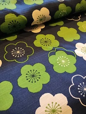 Japanese Traditional Indigo Green Sakura Cherry Blossom Linen Cotton Fabric • £9