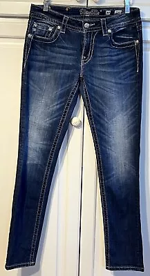 MISS ME Dark Washed Denim Mid-Rise Skinny Faux Leather Rhinestone Jeans Size 30 • $24.99