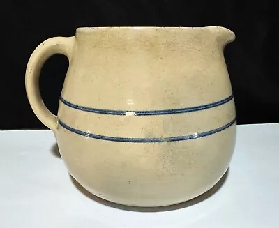 Antique Salt Glaze Stoneware Crock Pitcher Cobalt Blue Stipe Primitive Milk Jug • $29.99