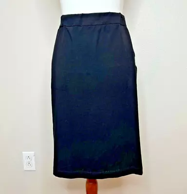 Eileen Fisher Pull On Black Viscose Knit Midi Skirt Side Slits Pockets Large • $27.99