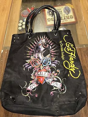 ED HARDY Love Kills Slowly BLACK PANTHER Tote Bag Purse ROSES Black • $24