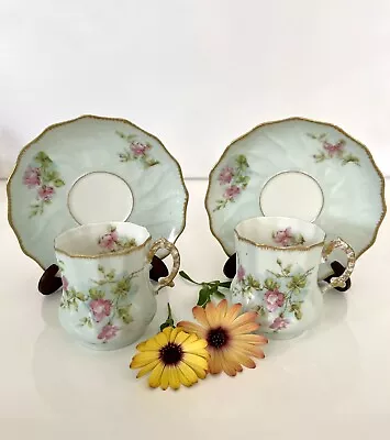 Vintage Limoges Porcelain Duo Cup&Saucer Demitasse X2 Light Green W Pink Floral • $55.19