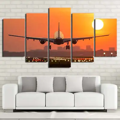 Airplane Sunset Sunrise Cityscape Landing Framed 5 Piece Canvas Wall Art • $119