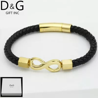 DG Men's 8  Stainless-Steel Braided LeatherEternity Bracelet Gold PlatedBOX • $17.99