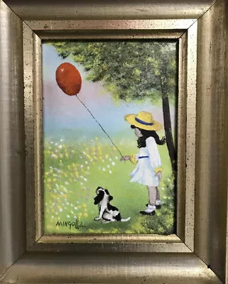 Girl With Red Balloon Spotted Dog Enameled Copper Rare Painting By DOM MINGOLLA • $220