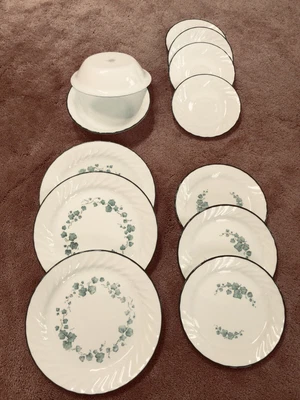 $60 • Buy Set Of 12 Corelle Ivy Green Swirl Callaway Dinner Dessert Saucer Plates & Bowls